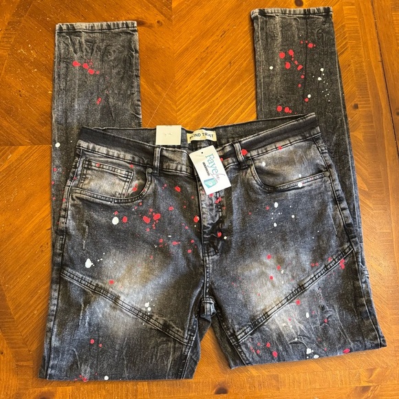 Blind Trust Black Jeans Paint Splatter Slim Fit Red And White 38x34 Hip Hop NEW - Picture 2 of 16
